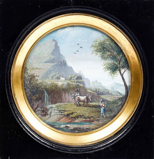 Miniatura circolare su carta applicata su tavola "Paesaggio con figure" XIX-XX secolo