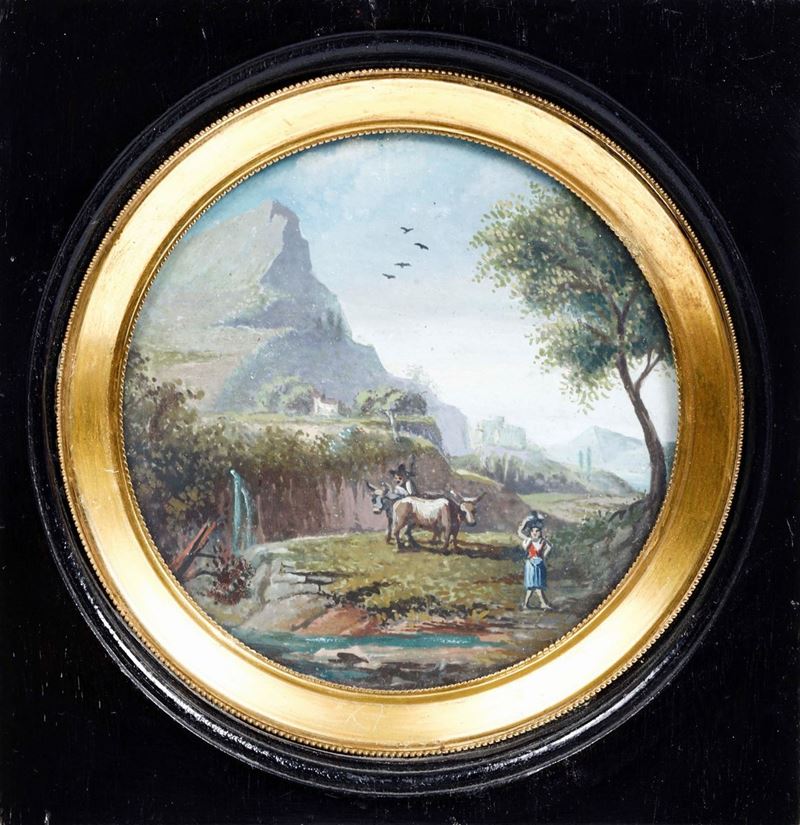 Miniatura circolare su carta applicata su tavola "Paesaggio con figure" XIX-XX secolo  - Auction Collectors' Silvers and Objets de Vertu - I - Cambi Casa d'Aste