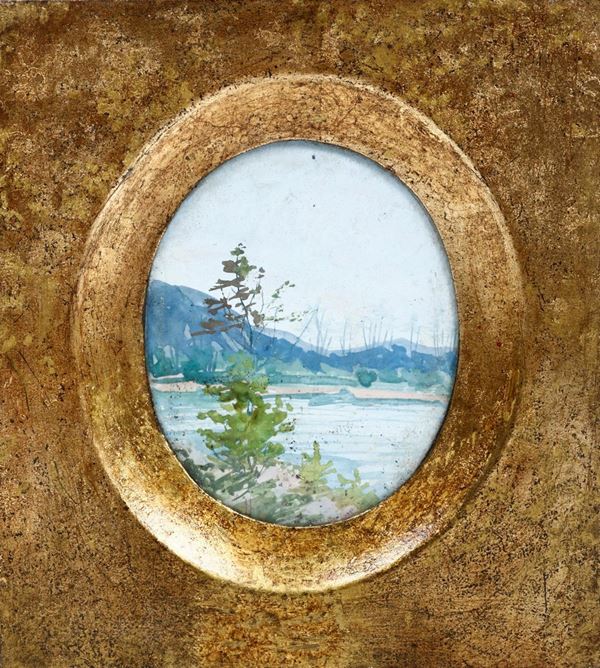 Miniatura ad acquerello raffigurante "paesaggio lacustre". XX secolo