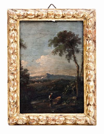 Miniatura Ad Olio su Tavola "paesaggio con Albero e Figura". XIX Secolo