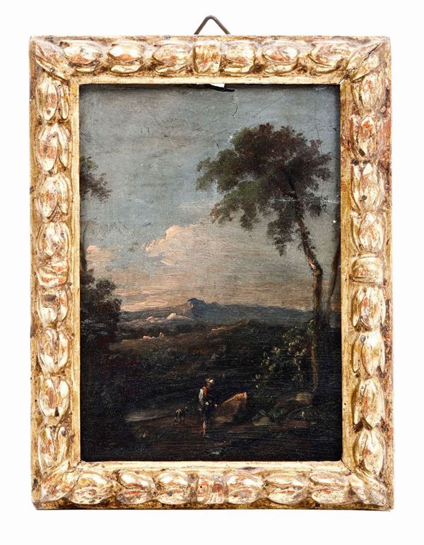 Miniatura ad olio su tavola "Paesaggio con albero e figura". XIX secolo