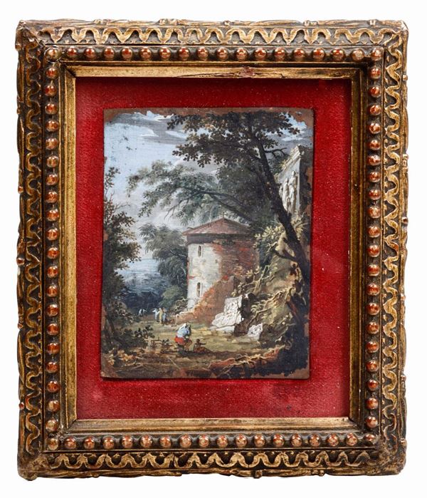 Miniatura ad olio su rame "Paesaggio con figure ed architetture". XIX secolo, da Marco Ricci (1676-1730)