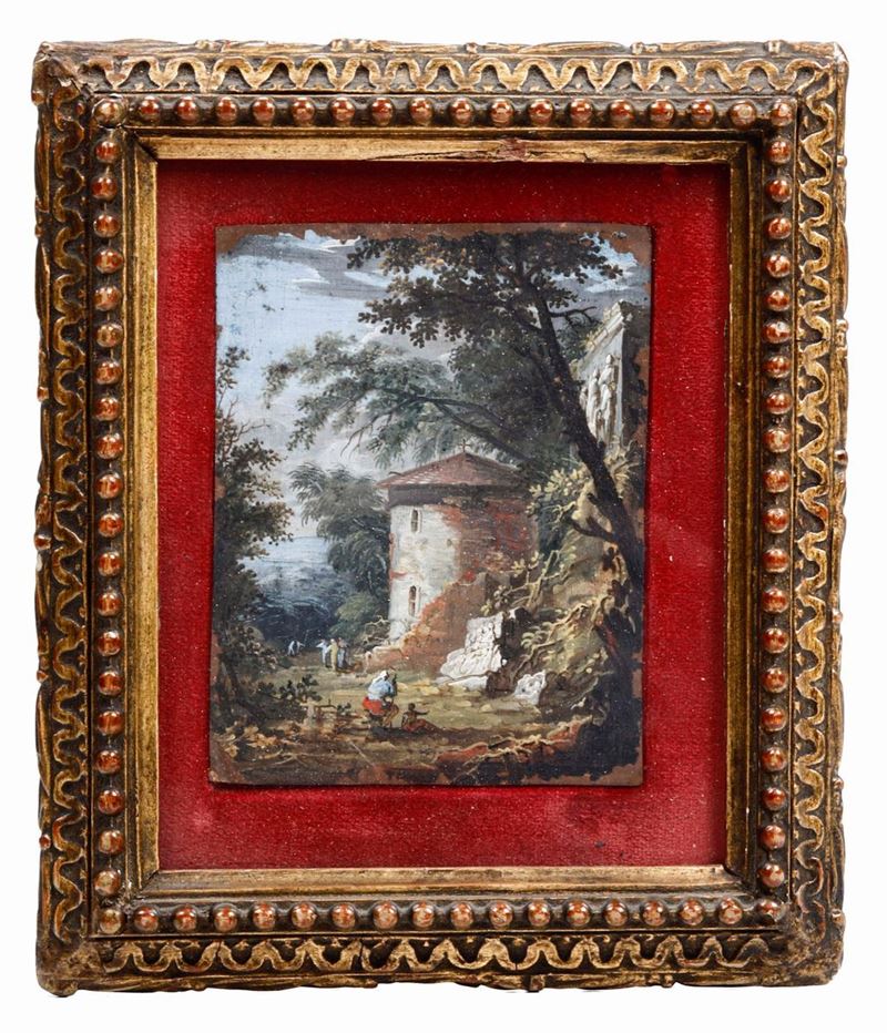 Miniatura ad olio su rame "Paesaggio con figure ed architetture". XIX secolo, da Marco Ricci (1676-1730)  - Auction Collectors' Silvers and Objets de Vertu - I - Cambi Casa d'Aste