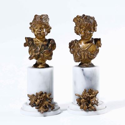 Busti di Fauni. Bronzo Fuso e Dorato su Colonne in Marmo.fonditore del XIX Secolo