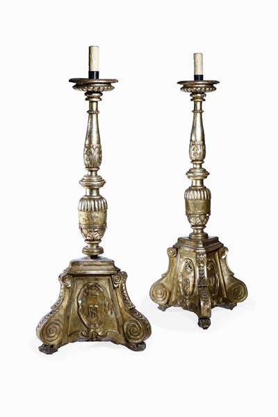 Coppia di Grandi Torciere Arte Barocca Italiana, XVII-XVIII Secolo