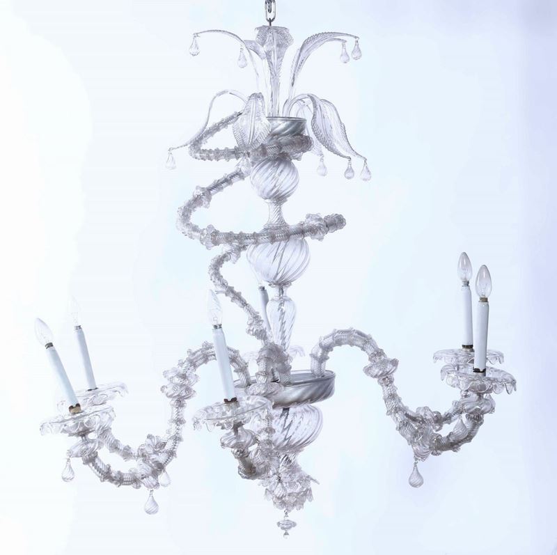 Lampadario a sei luci in vetro di Murano. XIX-XX secolo  - Auction A Lombard Property | Cambi Time - Cambi Casa d'Aste