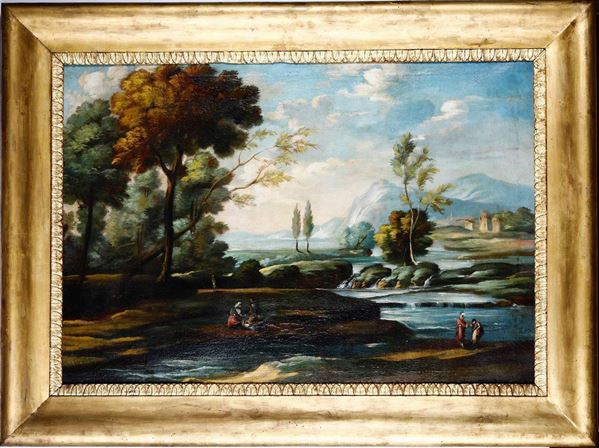 Scuola del XIX secolo Paesaggio fluviale con viandanti e contadini