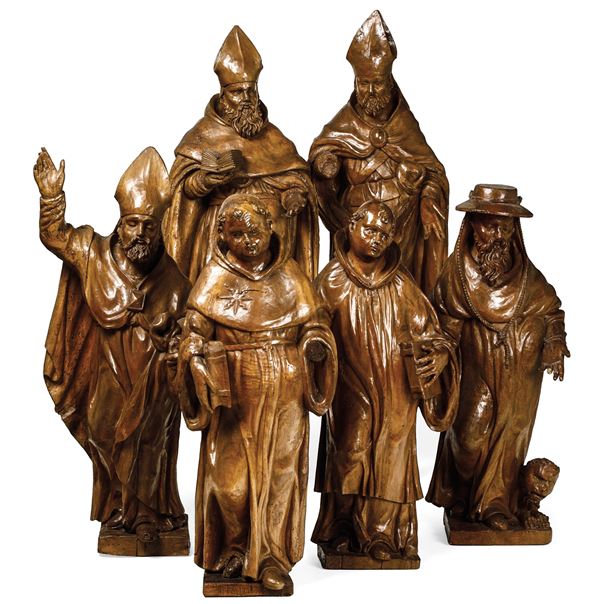 Insieme di sei sculture raffiguranti San Nicola da Tolentino  Santo Vescovo (Sant’Ambrogio?), San Gerolamo, San Domenico e altri due Santi Vescovi Legno scolpito  Arte veneta del XVII secolo