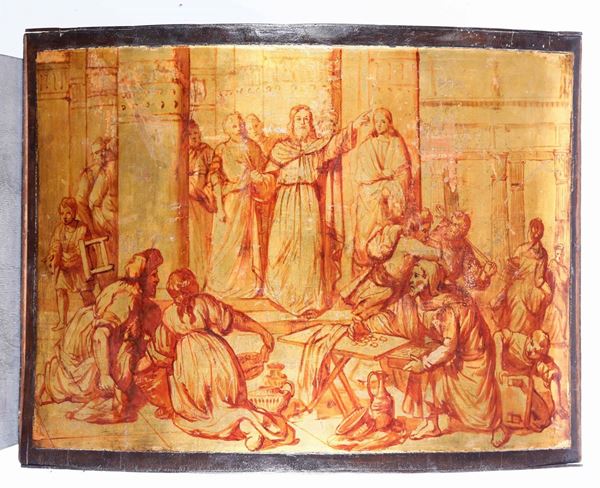  Pannello in legno convesso con applicazione di foglia oro, dipinta a smalto con scena religiosa della vita di Cristo,XVIII-XIX secolo