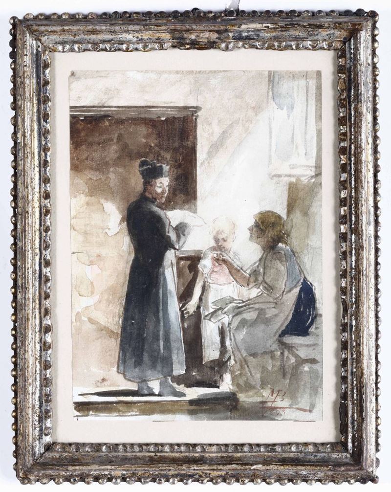 Siglato M.B. Scena di genere con prelato e devote  - Auction 19th-20th century paintings - Cambi Casa d'Aste