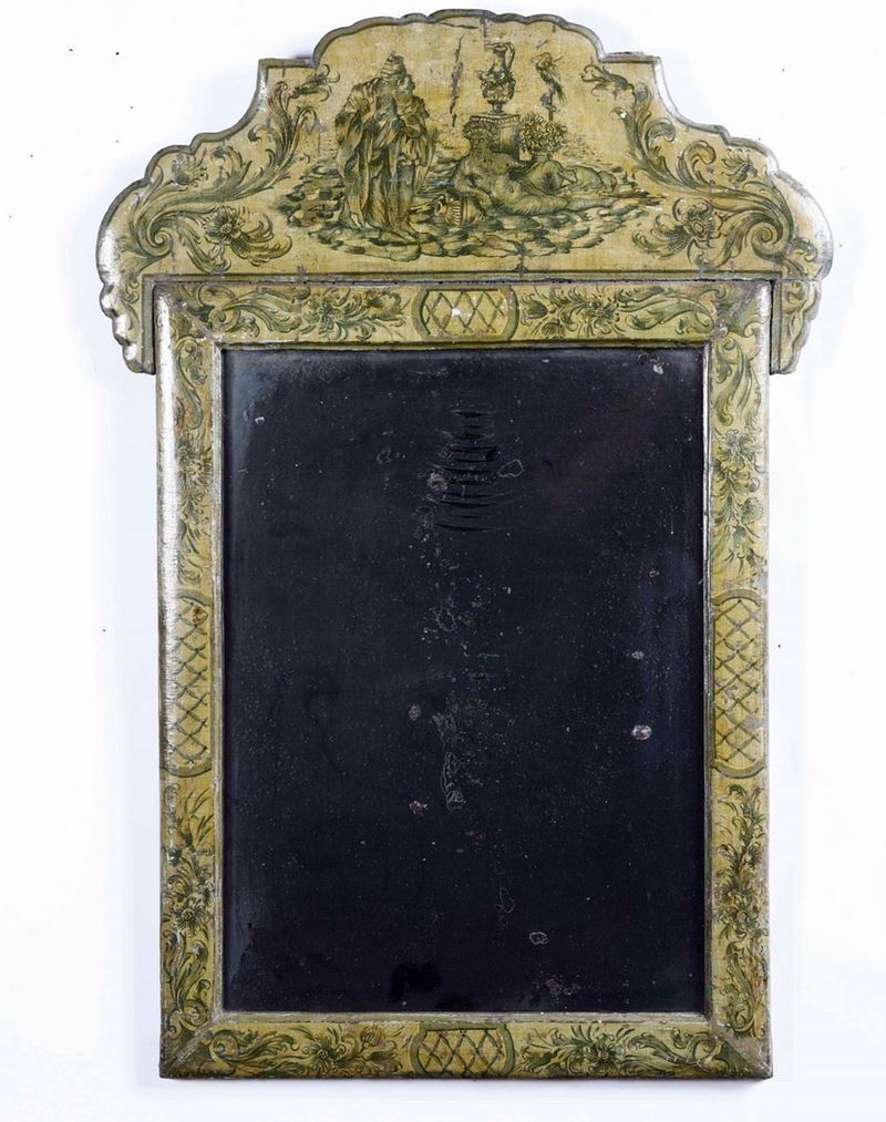 Coppia di specchiere con dipinti decori orientali, due figure sulla cimasa, XVIII-XIX secolo  - Auction Antiques | Timed Auction - Cambi Casa d'Aste