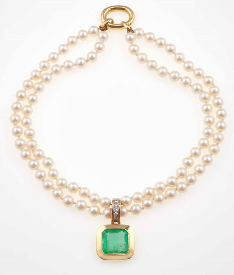 Cultured pearl, emerald and diamond necklace  - Auction Jewels - Cambi Casa d'Aste