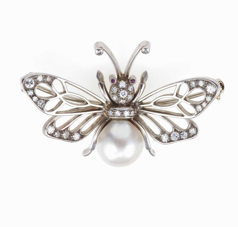 Spilla â€œfarfallaâ€ con perla naturale  - Auction Fine Jewels - III - Cambi Casa d'Aste