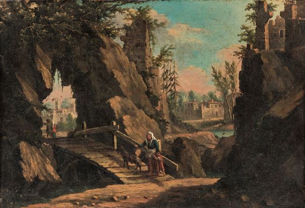 Scuola veneta del XVIII secolo Paesaggio con viandanti