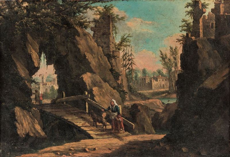 Scuola veneta del XVIII secolo Paesaggio con viandanti  - Auction Old Masters Paintings  - Cambi Casa d'Aste