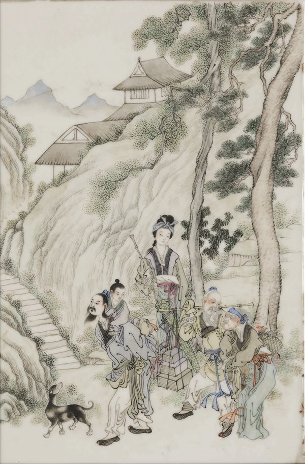 Placca in porcellana raffigurante saggi, fanciulla e bambino entro paesaggio, Cina, Repubblica, XX secolo