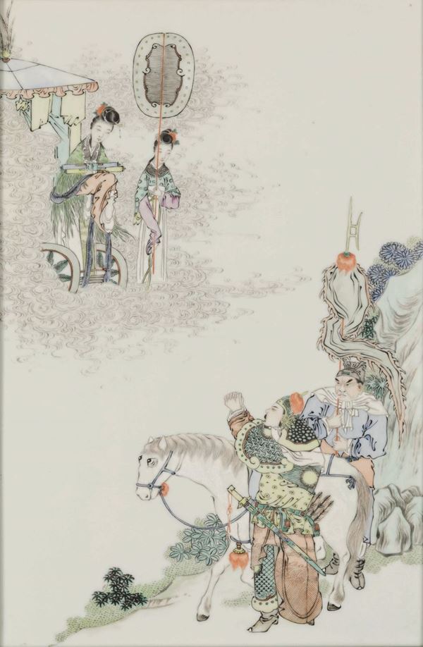 Placca in porcellana raffigurante cavalieri e fanciulle, Cina, Dinastia Qing, fine XIX secolo