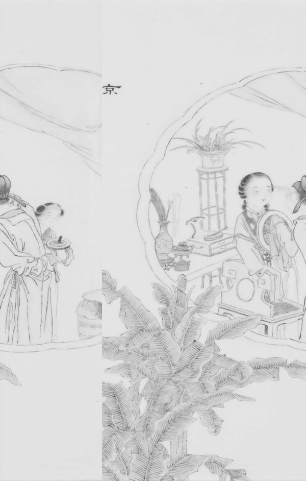 Placca in porcellana raffigurante interno con fanciulle al trucco e iscrizione, Cina, Repubblica, XX secolo
