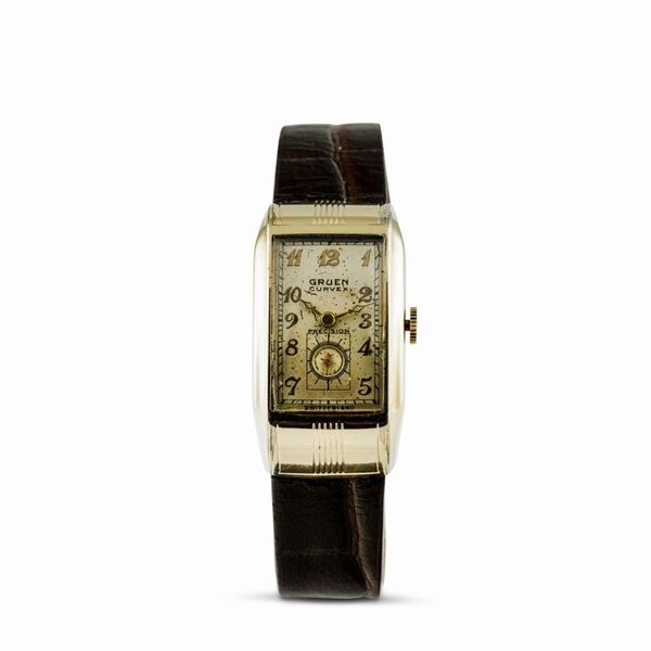 GRUEN - Curvex Coronet ref 330-356, gold filled 10k, con cassa ricurva, secondi in basso, carica manuale, anni '30