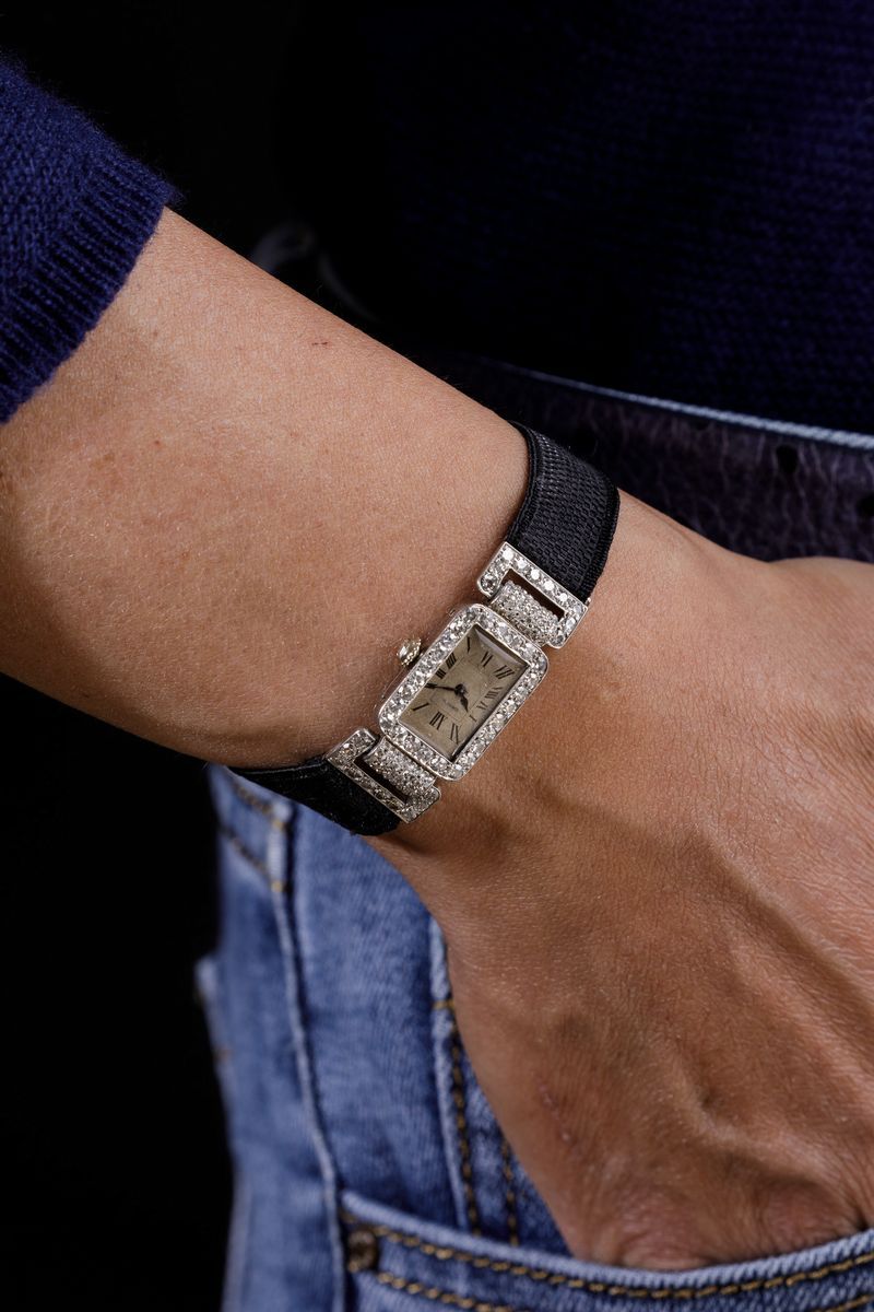 Cartier - Orologio da Donna in Platino e Brillanti con Anse Basculanti Anni '20, Cinturino in Set...