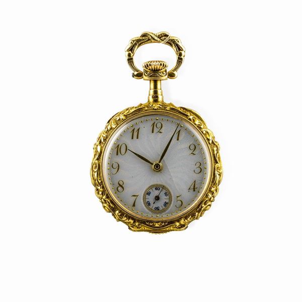 OMEGA - Raffinato orologio da collo con decori finemente cesellati a mano, quadrante in smalto con astuccio originale.
