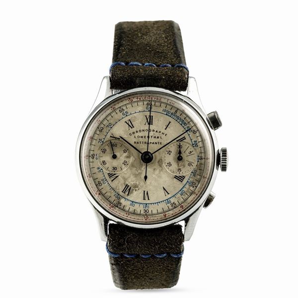 LOWENTHAL - Cronografo monorattrappante in acciaio, fondello a pressione, anni '40. Orologio professionale con scala tachimetrica e telemetrica.