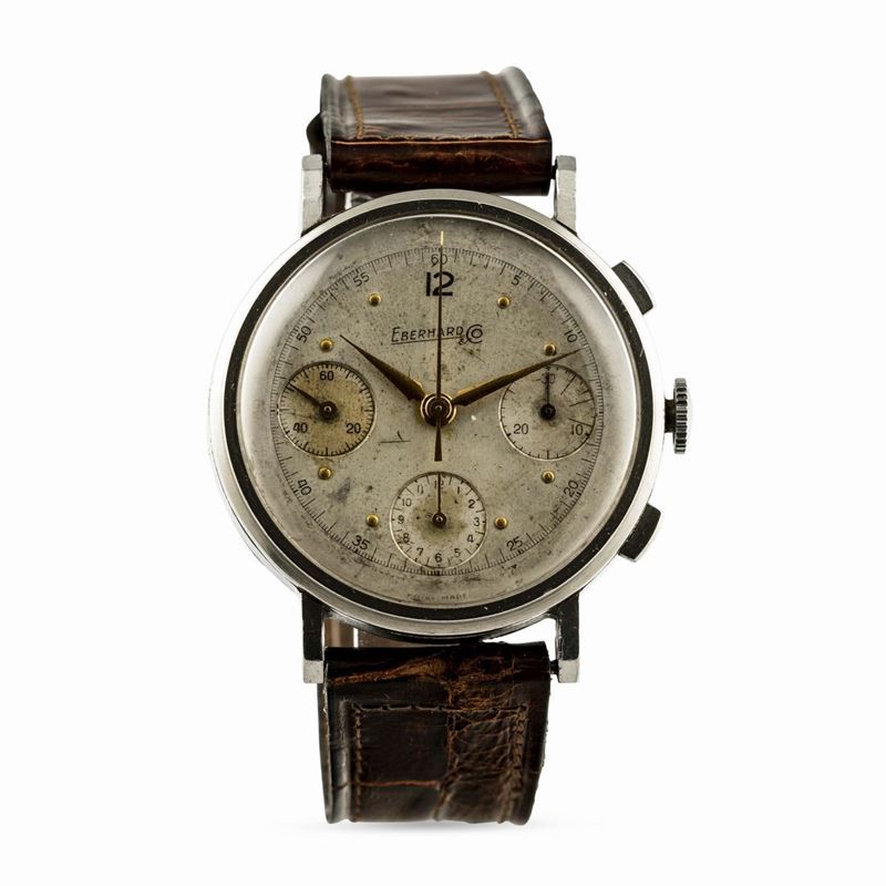 EBERHARD - Chrono tricompax Pre Extrafort in acciaio con pulsante a slitta, anse a gradino, anni '40.  - Auction Watches and Pocket Watches - Cambi Casa d'Aste