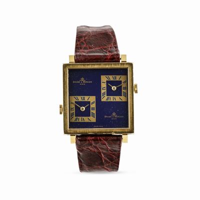 Baume & Mercier - Elegante Dual Time Zone Quadrato D'oro 18k, con Due Movimenti Indipendenti, Qua...
