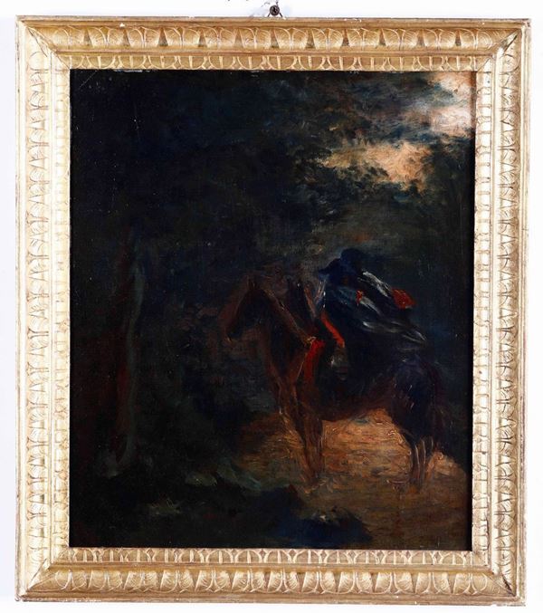 Pittore del XIX secolo, attribuito a Giuseppe Rivaroli Pattuglia di carabinieri a cavallo in un parco