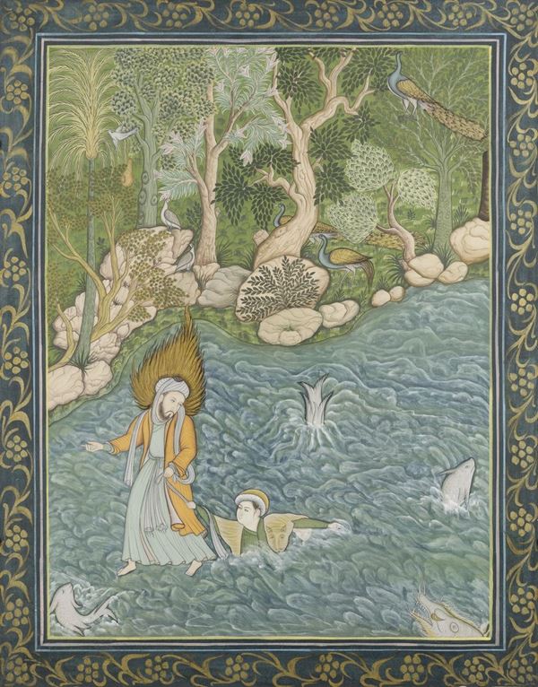 Dipinto su seta raffigurante personaggio salvato dalle acque, Persia, XIX secolo