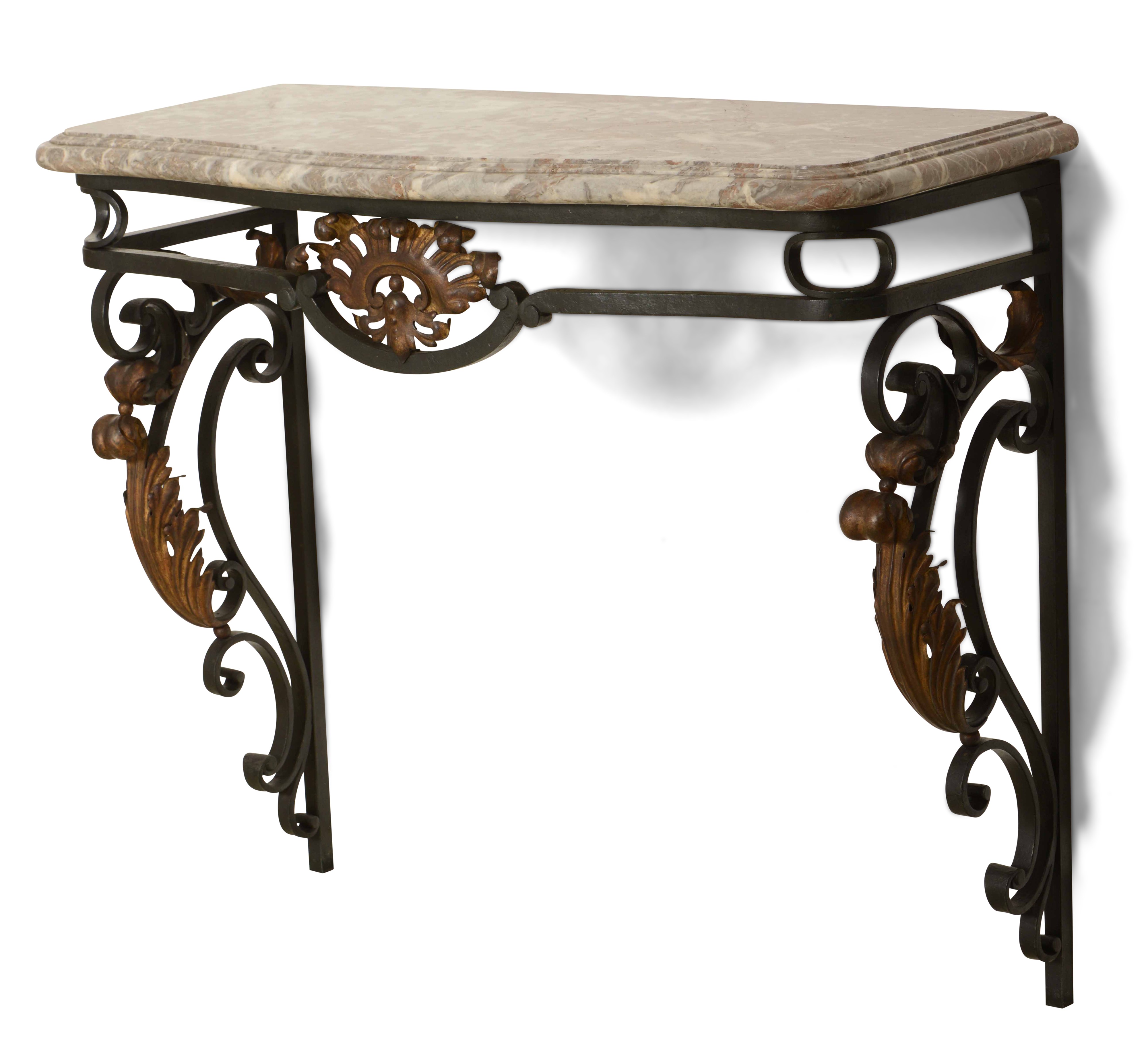 Coppia di Consoles in Ferro e Metallo Dorato, Piano in Marmo. Francia, Napoleone III