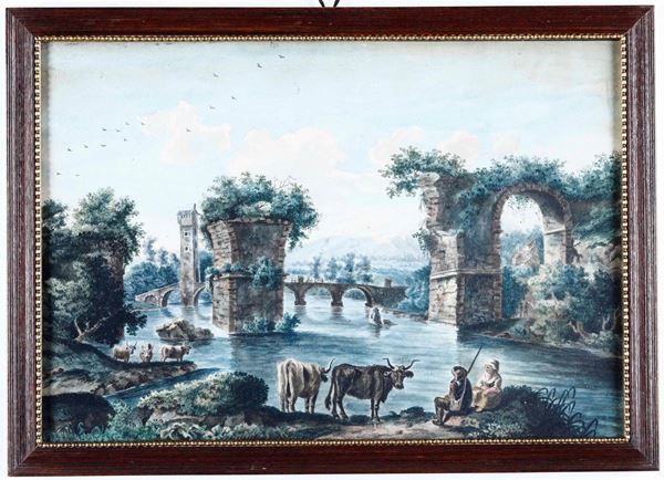Anonimo del XVIII secolo Paesaggio con rovine, pastori e armenti