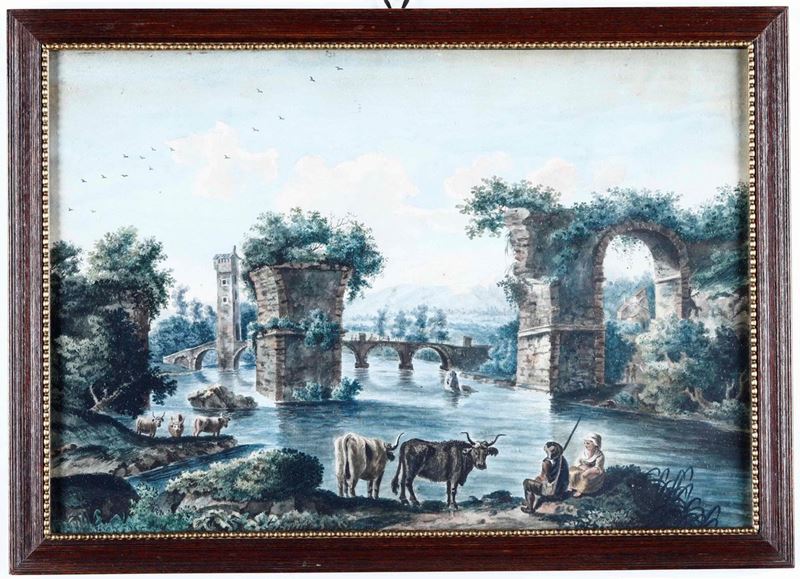 Anonimo del XVIII secolo Paesaggio con rovine, pastori e armenti  - acquerello su carta - Asta Dipinti Antichi | Cambi Time - I - Cambi Casa d'Aste