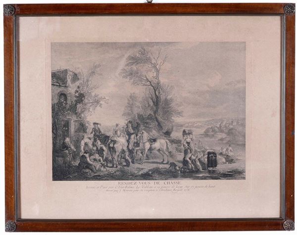 Incisione. Rendez vous de chasse, Francia, XIX secolo