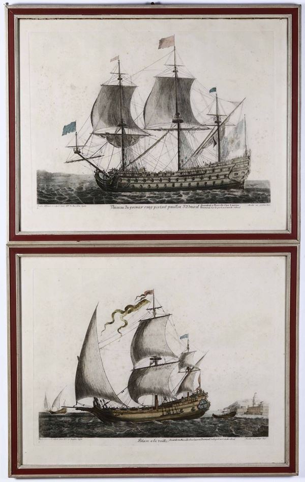 Coppia di incisioni acquarellate con velieri. Francia, XVIII secolo