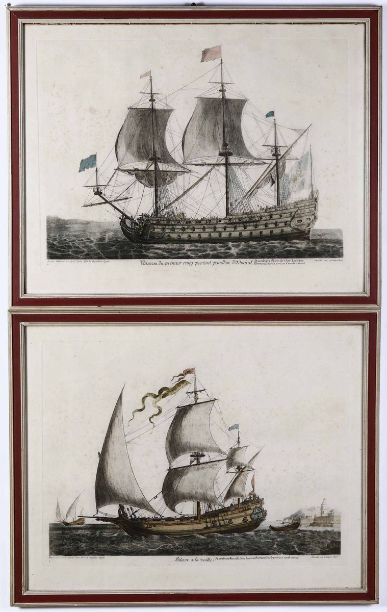 Coppia di incisioni acquarellate con velieri. Francia, XVIII secolo  - Auction Antiques | Time Auction - Cambi Casa d'Aste