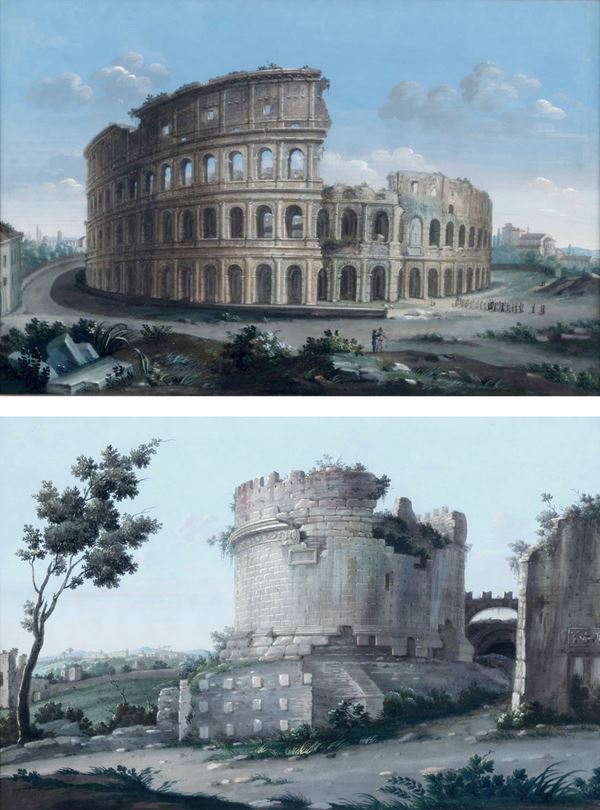 Scuola romana del XVIII secolo Vedute di Roma: Colosseo e Cecilia Metella