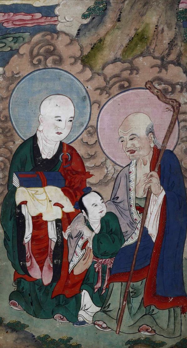 Coppia di dipinti su carta raffiguranti saggi e discepoli, Cina, Dinastia Qing, XVIII secolo