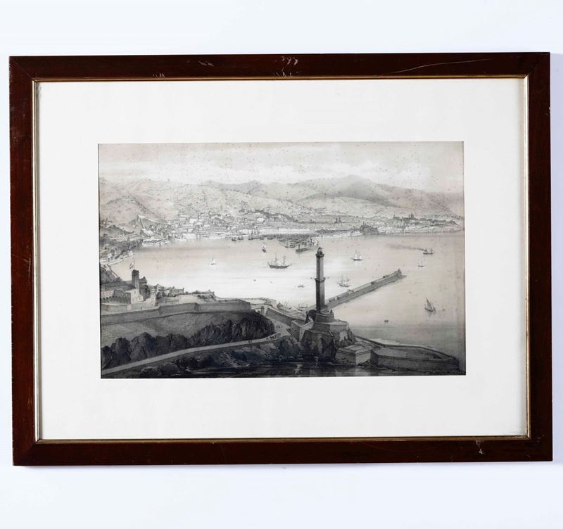 Stampa raffigurante il Porto di Genova con Lanterna. XIX secolo  - Asta Arte Marinara e Strumenti Scientifici - Cambi Casa d'Aste