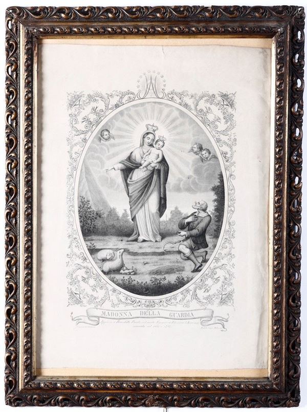 Incisione su carta, fine secolo XIX, entro cornice Madonna della Guardia
