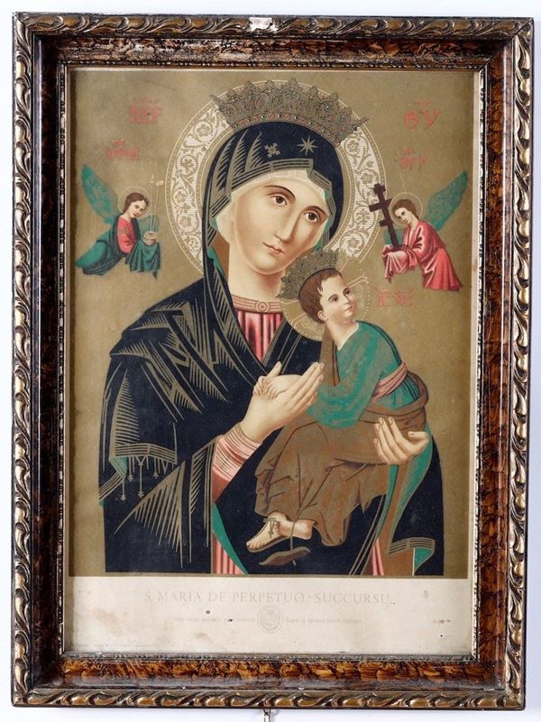 Riproduzione litografica di un'icona russa. Fine secolo XIX prima metà secolo XX Santa Maria del Perpetuo Succursu
