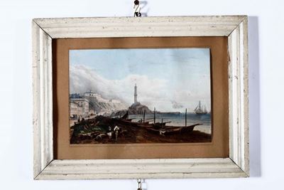 Riproduzione di Stampa Antica con Coloritura. Secolo XX, Entro Cornice Dorata Veduta del Porto di...