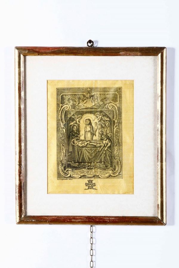 Incisione litografica su seta gialla. Secolo XIX Vero ritratto del misterioso quadretto conservato al santuario di Montallegro in Rapallo