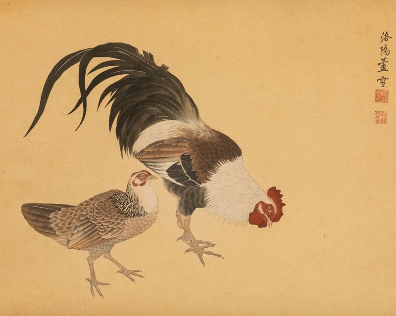 Xilografia raffigurante gallinacei con iscrizione, Giappone, periodo Meiji (1868-1912)  - Asta Chinese Works of Art - II - Cambi Casa d'Aste