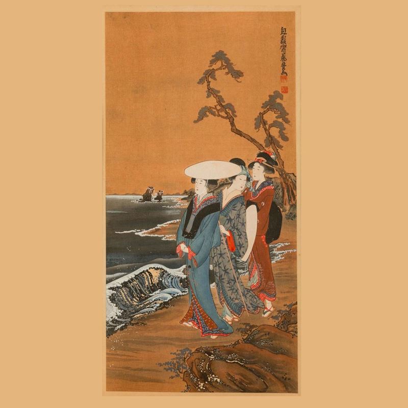 Xilografia raffigurante fanciulle in riva a un fiume con iscrizione, Giappone, periodo Meiji (1868-1912)  - Asta Chinese Works of Art - II - Cambi Casa d'Aste