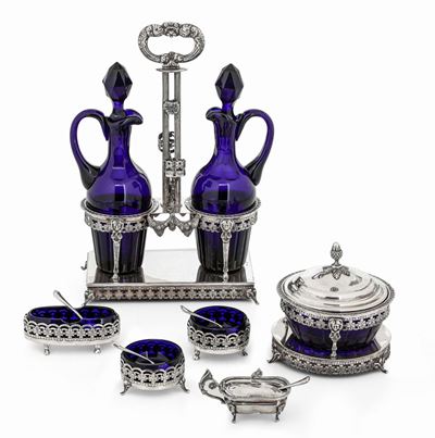 Set da Tavola in Argento e Vetro Blu Cobalto. Argenteria Veneta del XX Secolo. Argentiere Argente...