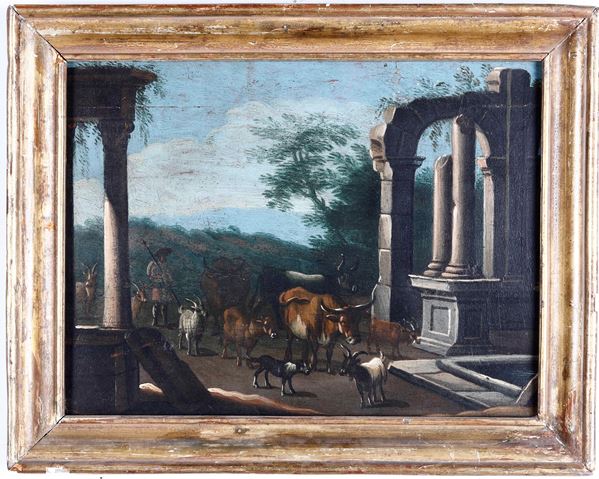 Scuola del XIX secolo Paesaggio con rovine ed armenti