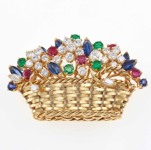 Spilla “cestino di fiori” con diamanti, rubini, zaffiri e smeraldi