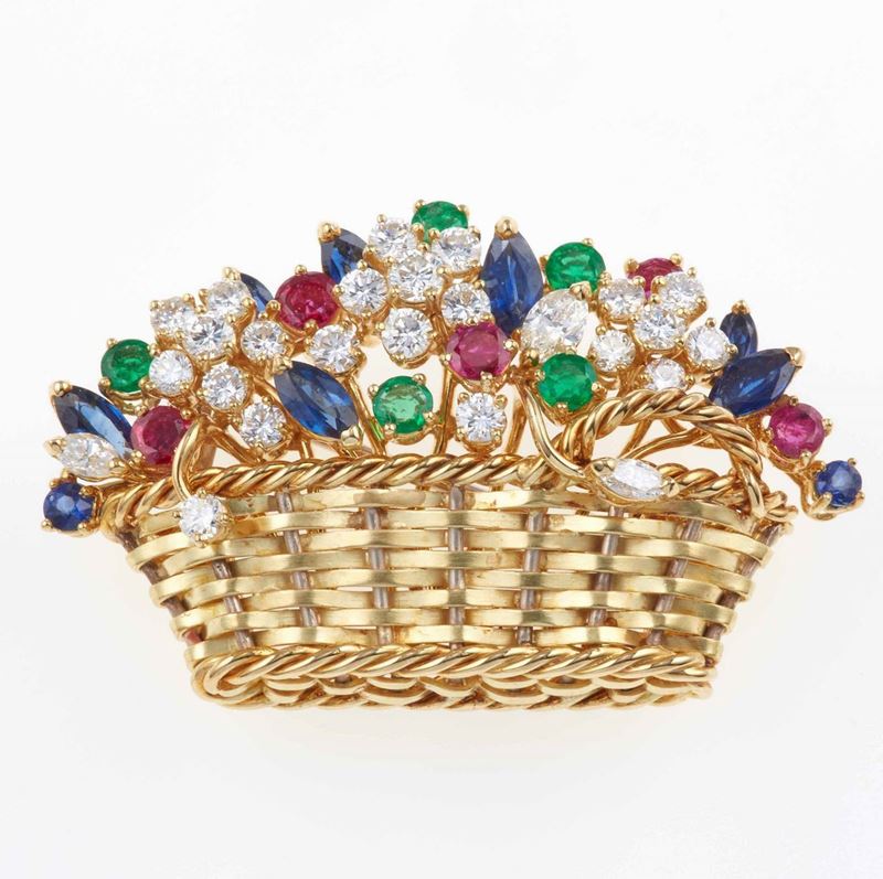 Spilla â€œcestino di fioriâ€ con diamanti, rubini, zaffiri e smeraldi  - Auction Fine Jewels - III - Cambi Casa d'Aste