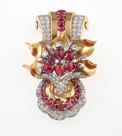 T&hm. Clip con Rubini Birmani e Diamanti